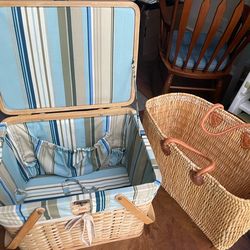 Picnic lined basket and woven carrier bag with secure leather handle attachment