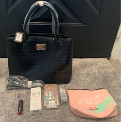 Studio Badgley Mischka Black Croc Embossed Tote Bag + Beauty Bundle