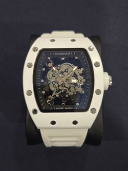 Mens Luxury White Stainless Steel Watch White Color Dial Rubber Bracelet - RM