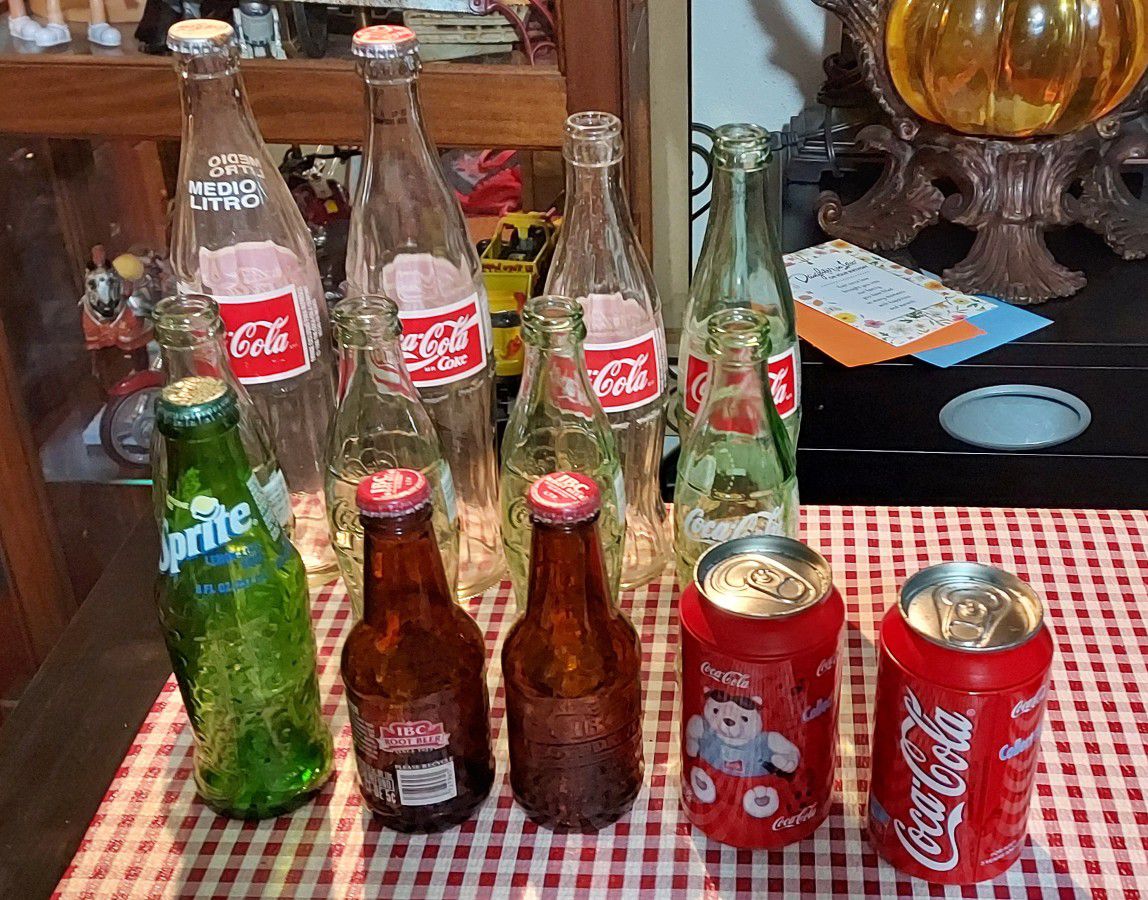 Antique Coke & RootBeer & Sprite Bottles & 2 Cans Coca-Cola Collectable,  120. For All 