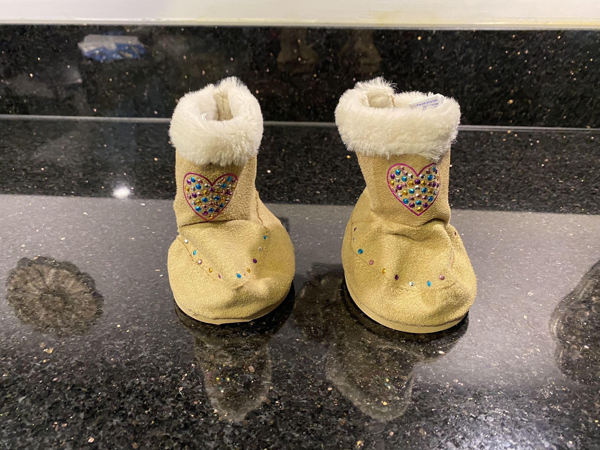 Build A Bear Tan Suede Beaded Fur Rim Boots