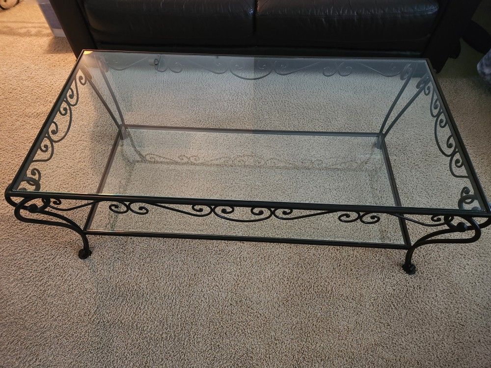 Boutique Store Wrought Iron Glass Livingroom Coffee Table Dark Brown With Tempered Glass Newport Beach