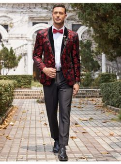 Men's Velvet Floral Blazer, One Button Tuxedo Jacket, Shawl Lapel Suit Coat for Dinner Prom Party Wedding