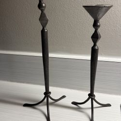 Vintage Brutalist Cast Metal Candle Holders Set Of 2