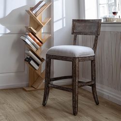 Homy Casa RIKKI 20.5" Seat Height Rustic Dining Chair, Solid Wood Frame, Distressed Brown Finish, Cane Rattan Back, Beige Upholstered Seat for Kitchen