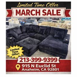 Black  Corduroy modular living room sectional sofa with ottoman 