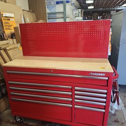 Husky
52 in. W 10-Drawer Gloss Red Mobile Workbench Cabinet with Solid Wood Top and Pegboard