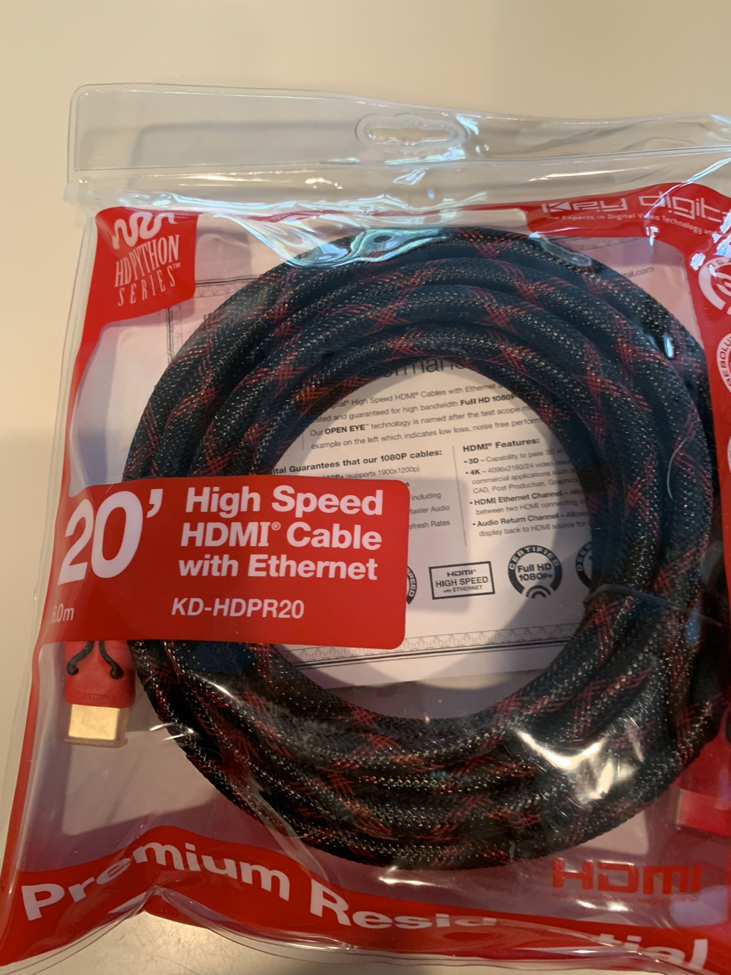Key Digital Python Series 20ft High Speed HDMI Cable with Ethernet KD-HDPR20 new in package