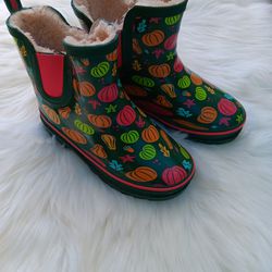 Lily & Dan Rain Boots Pumpkin Leaves Waterproof Faux Fur Lining - Girl's Size 13/1