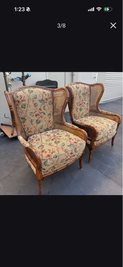 Set of 2 Vintage Ethan Allen Regency Faux Bamboo and Cane Wingback Upholstered Lounge Chair