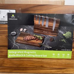 Celestree Integrated Magnetic Knife Block & Cutting Board Set, Model WB106. This premium kitchen set is crafted from beautiful Rain Wood (Acacia) and 