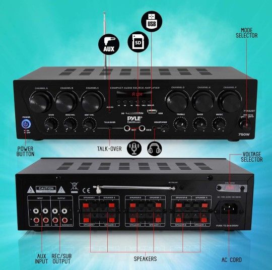 Amplifier w/USB, Headphone, 2 Microphone Input w/Echo, Talkover for PA PTA62BT, AUX, Black