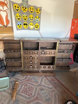 Vintage Wood Bar Cabinet with Fold-Out Wings