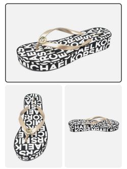 MICHAEL KORS Graphic Wedge Flip Flop, Gold/Brown, Size 9
