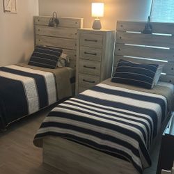 grey/tan Wooded Twin Beds and Dresser