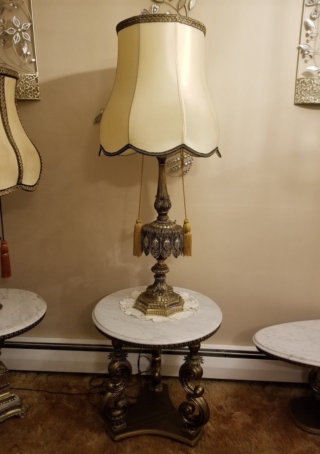 Antique Marble Coffee Table And Two Tables With Lamps