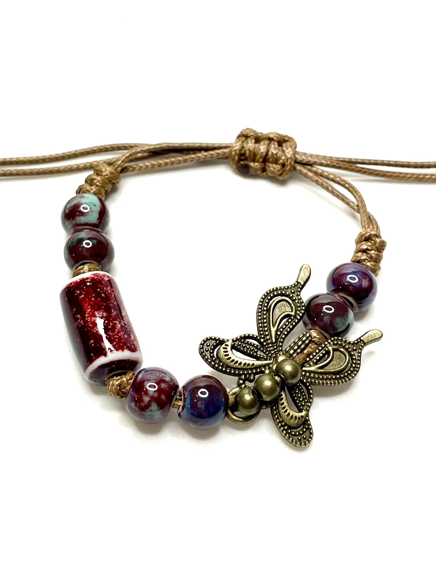Bracelet Butterfly Swirl Burgundy & Blue ceramic cord beaded boho