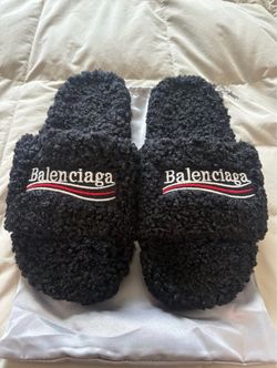 Black Furry Balenciaga Slides