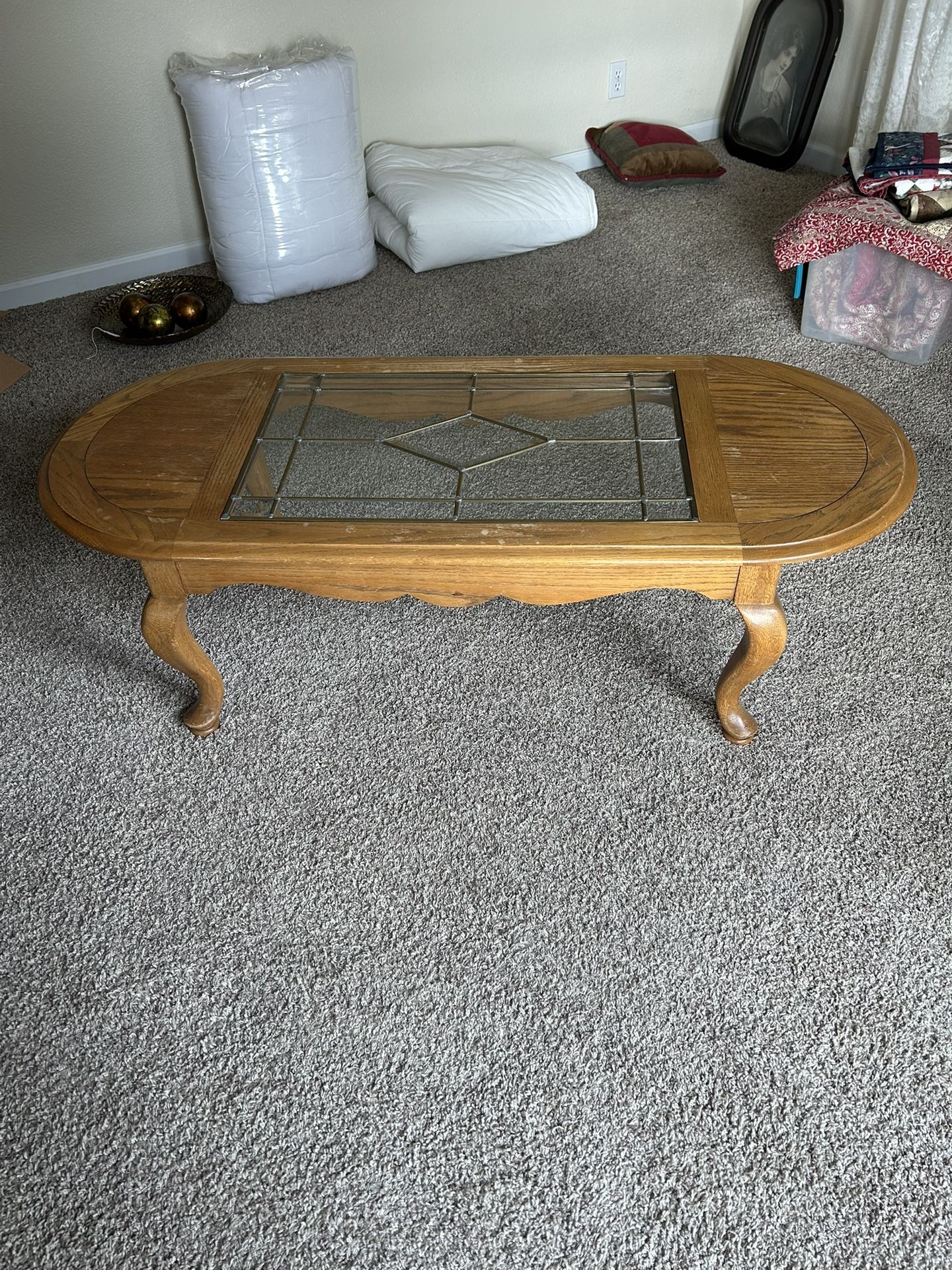 Solid oak Coffee Table With Beveled Glass Insert