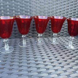 Vintage Ruby Red Water Goblets Hand Blown Glass Set of 5