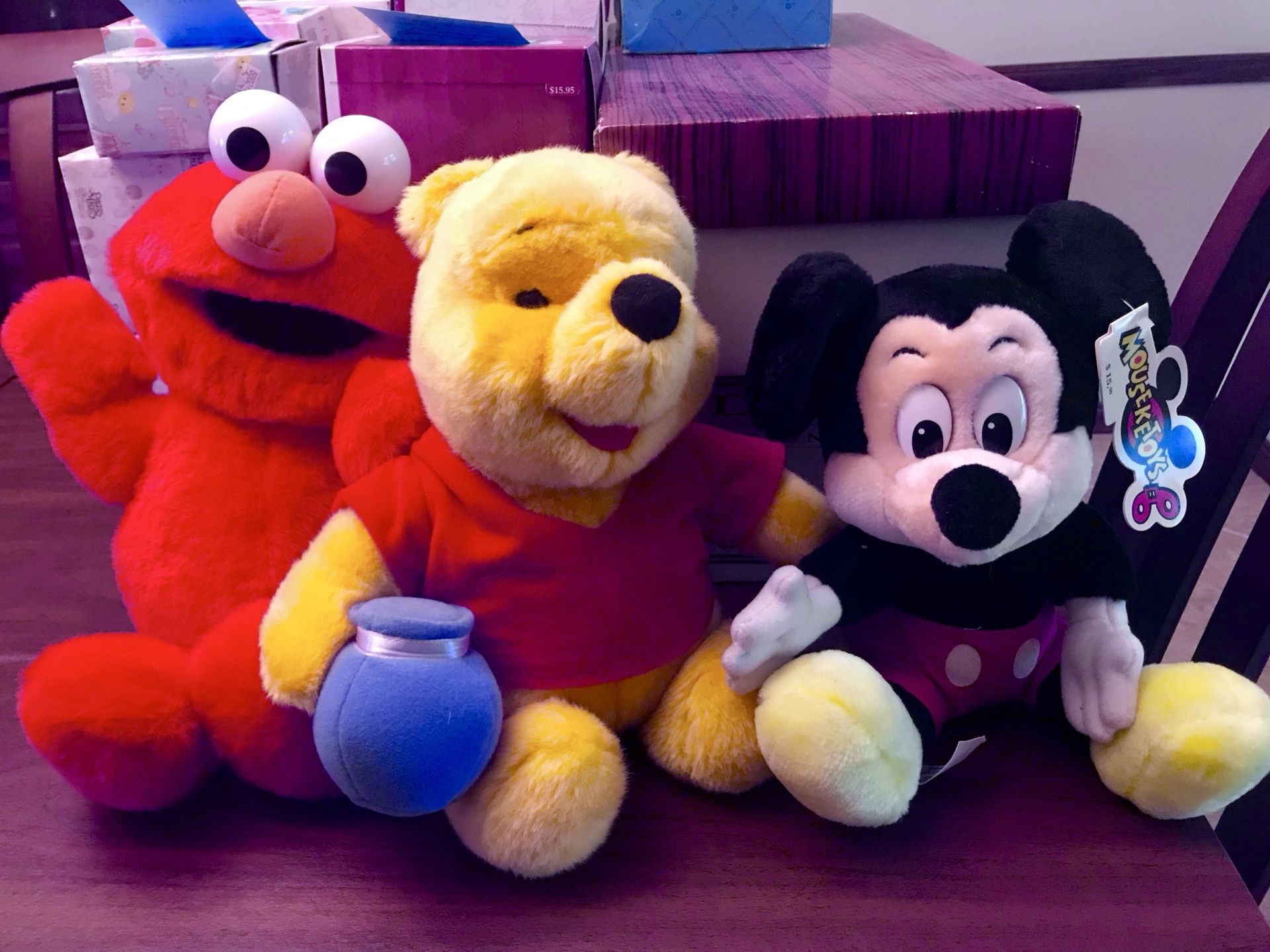 Plush animals Tickle Me ELMO, Winnie the Pooh, Mickey Mouse