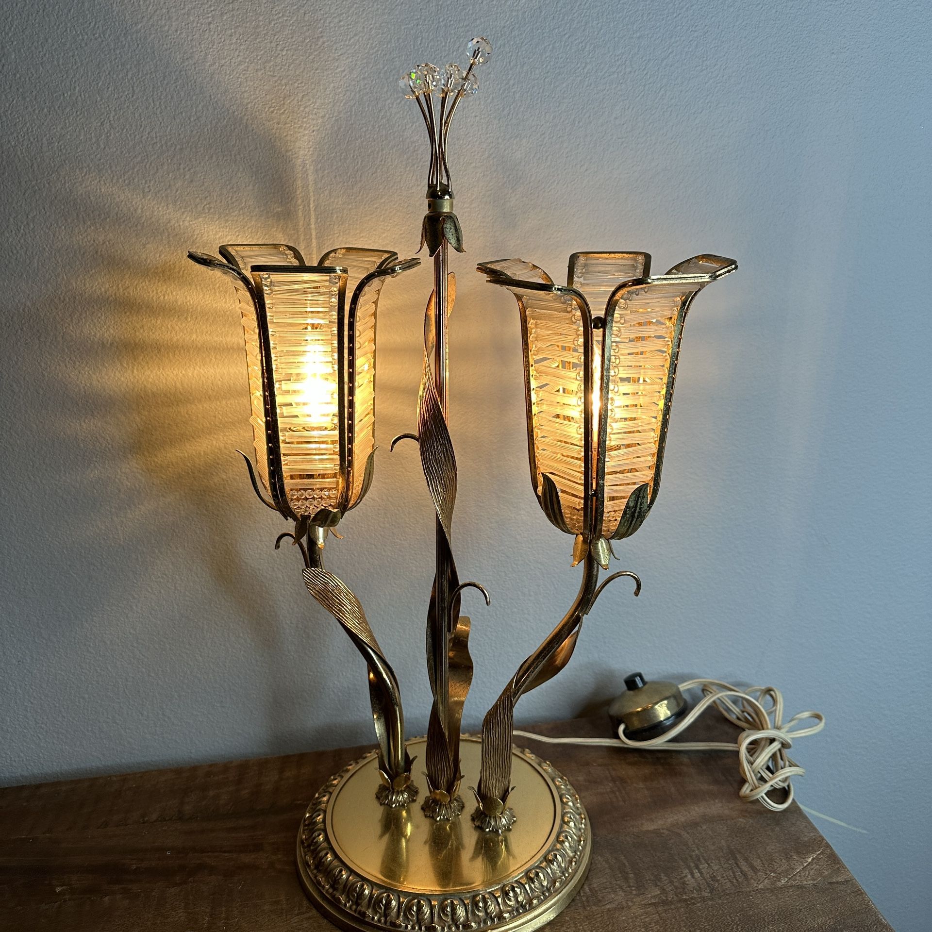 Vintage Tulip Lamp Gold Gilt Brass Flower Crystal Lily Mid Century MCM 2 Light