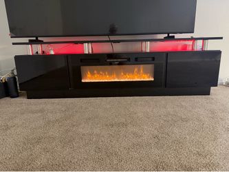 Modern Black TV Stand with Electric Fireplace and LED Lighting 95”