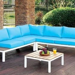 New Outdoor Patio Sectional.  Blue Cushion / White Strong Frame.  98x98x12H.  Free Delivery!