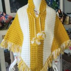 Vintage Handmade 70/80's Mustard Yellow & White Crochet Poncho $50