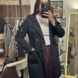 Steve Madden Black Trench/ Rain Coat – Size Womens Large – Hooded, Lightweight