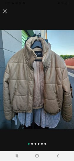 Women's Beige Leather Puffer Guess Jacket Sz S