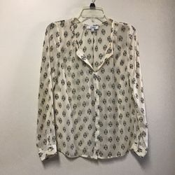 Women’s OVI Cream & black long sleeve summer sheer button-down print blouse… Size medium