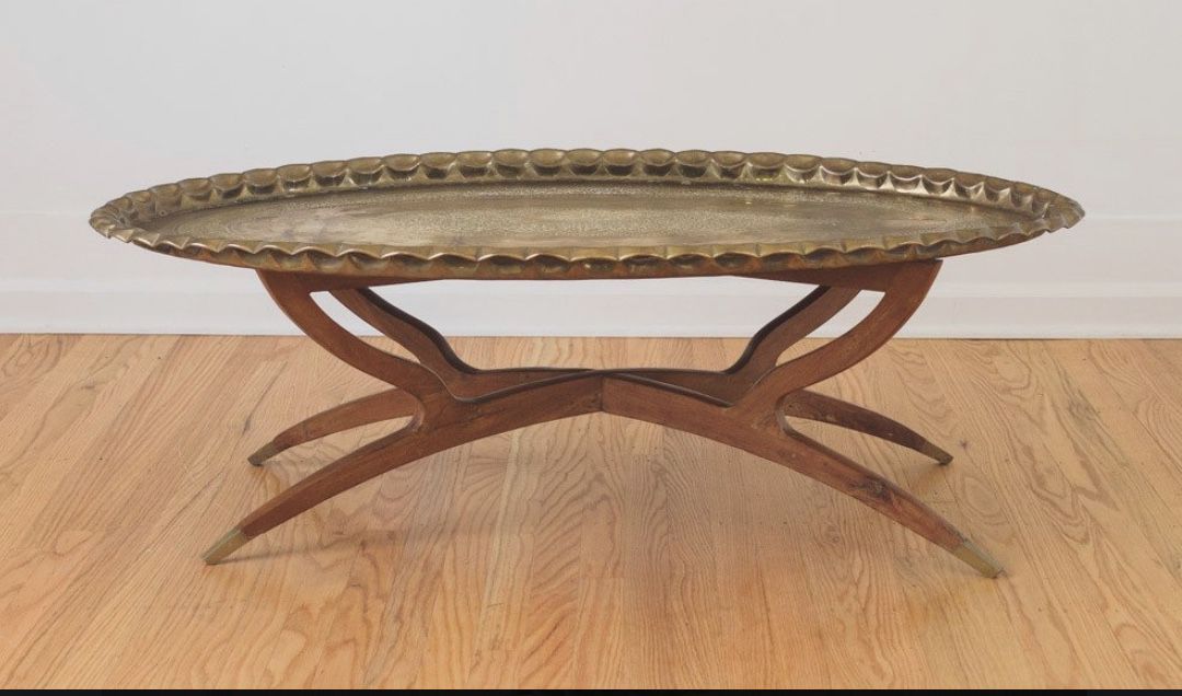 Mid Century Moroccan Brass Tray Spider Teak Leg Table