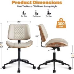 Home Office Chair with Wheels, Adjustable Height and 360° Swivel Armless Desk Chair, Modern PU Leather Mid-Back Computer Chair for Office Living Room 