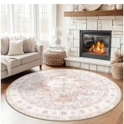 RELEANY 8ft Round Rug Washable Rug Low Pile Circle