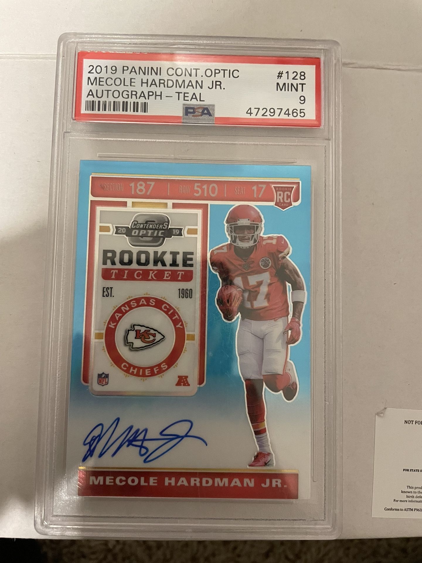 Mecole Hardman Jr Rc Auto Real /149 Contenders Optic PSA 9 Game winning super bowl TD