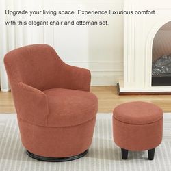 Swivel Accent Chair and Ottoman Set, Modern Fabric Upholstered Barrel Chair with Ottoman, Comfy Single Sofa Armchair with Footrest for Livi