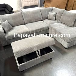NEW Modern Light Grey Fabric Sectional Sofa and Chaise Set FREE STORAGE OTTOMAN USB Ashley Style Big Couch Sale Ivory Beige Dark Gray Black Green SALE