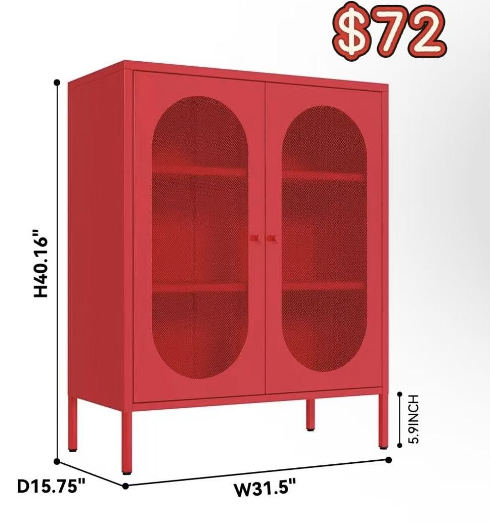 😀 2 Mesh Door Metal Storage Cabinet for Hotel,Office,Garage,3-Tier,2 Removable Shelves, Mesh Door Cabinet, Red