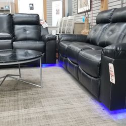 Ashley black Reclining leather gel Sofa Love with LED Lightimg