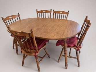 solid pine dining set — large hutch, dry sink, table, and 6 chairs.
