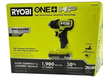 BONUS BATTERY & BITS! NEW RYOBI 18V ONE+ HP Brushless 1/4" Impact Driver Kit WITH Battery & Charger