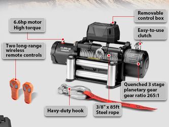 RUGCEL WINCH 12000lb 12V Truck Waterproof Electric Black Steel Rope Electric Winch with Roller Fairlead,Wired Handle,2 Infrared remote control,jeep tr