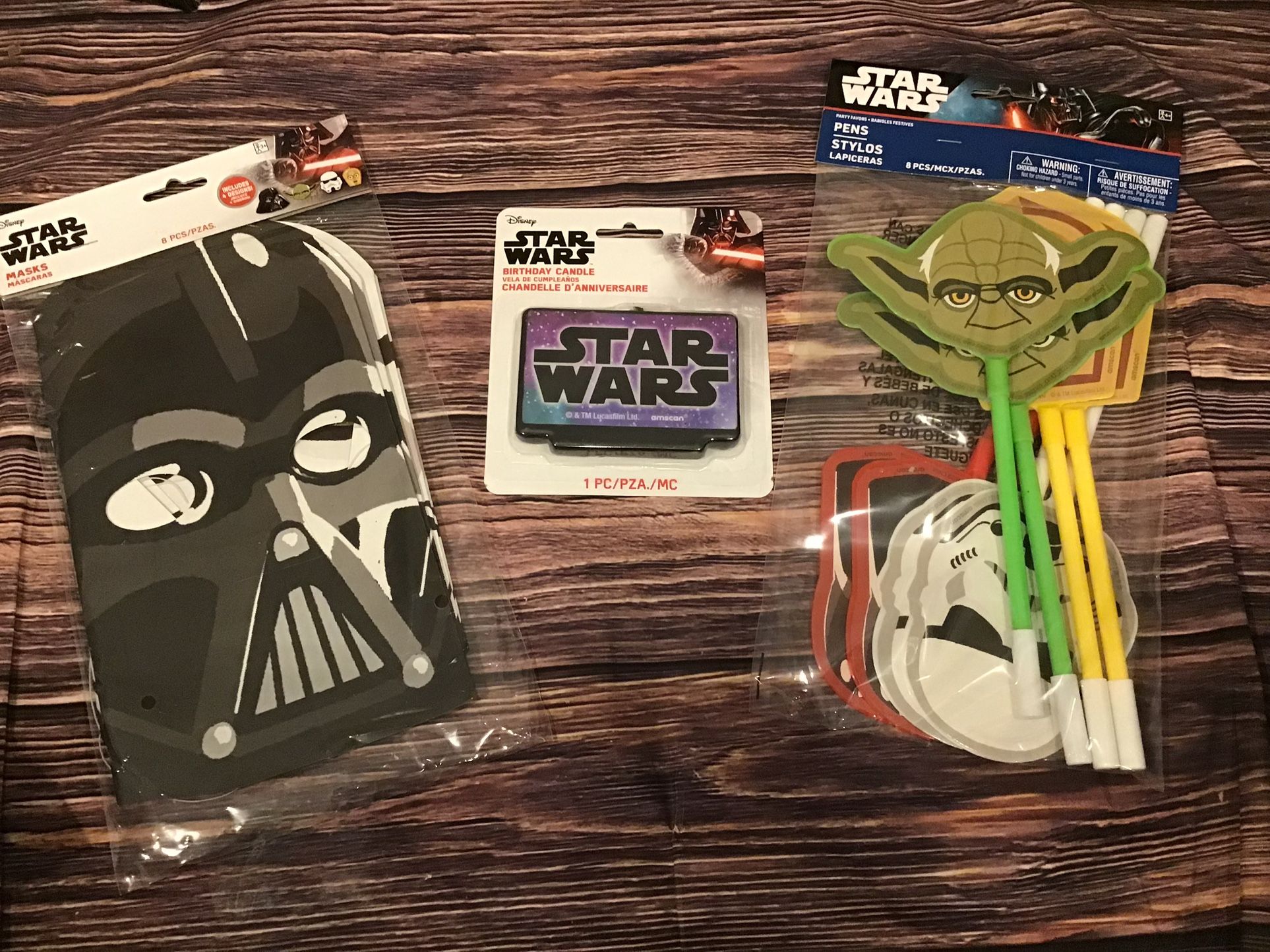 Disney Star Wars Birthday Party Supplies 8 Masks , Candle & 8 Pc Pens -NEW