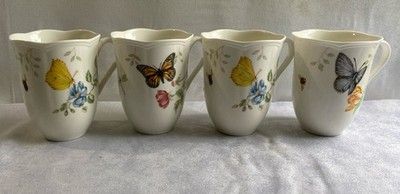 Lenox Butterfly Meadow Porcelain Cups 12oz Coffee / Tea Mugs Set Of 4