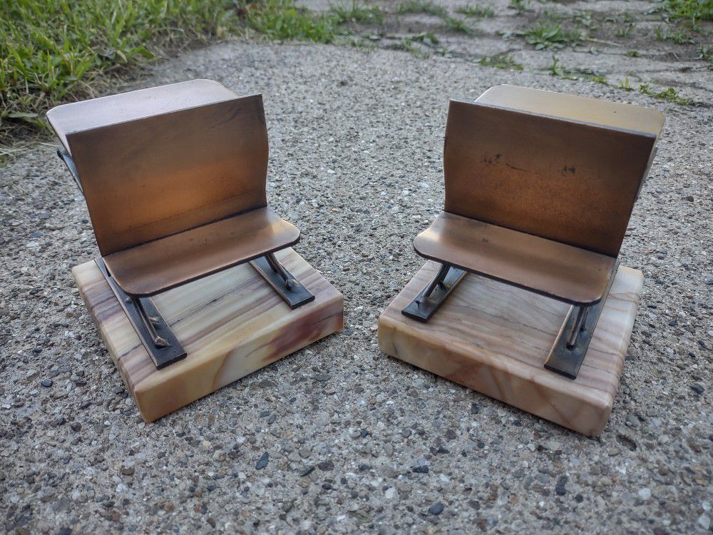 Vintage 1972 Pair Of Signed Curtis Jere Copper on Marble School Desk Bookends 