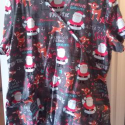 Rudolph The Red Nose Reindeer 🦌 🎅 Xmas Scrubs Work Uniforms Women's Scrubs XL 