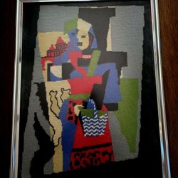 Vintage, handmade needlepoint representation of Pablo Picasso's 1917 painting, "L'Italienne" (The Italian Woman). 19.5"×25" 