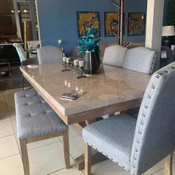 Vesper Brown/Gray Marble Rectangular Dining Set (Dining table and Chairs