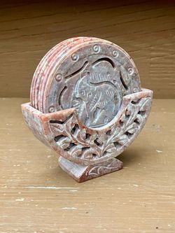 Set Of 6 Hand Carved Soapstone Coasters - Like New